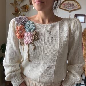 Vintage Sweater with Handknit Flowers